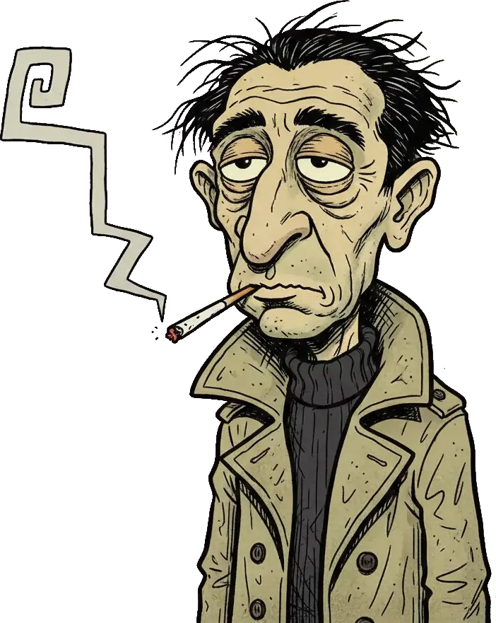 A cartoon of Albert Camus looking droll wearing a long coat and smoking a cigarette.